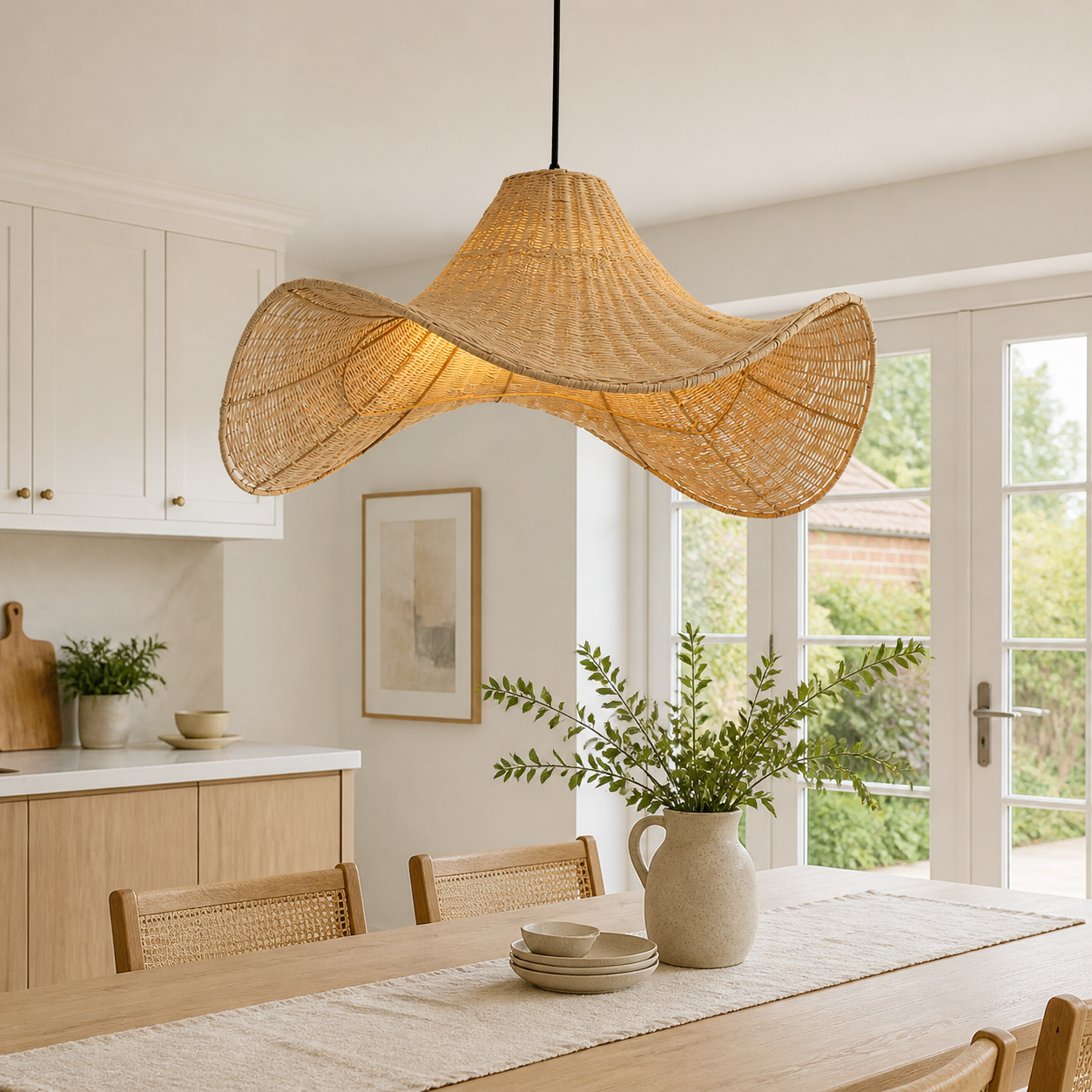 Wavy handwoven rattan pendant above a warm kitchen counter