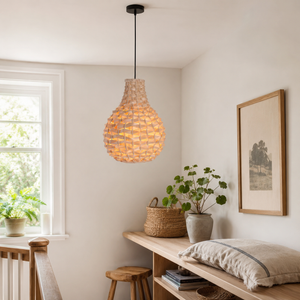 bamboo cone pendant light beside a bright window