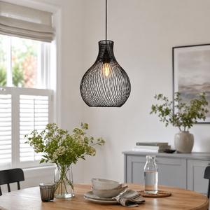 black iron pendant light beside a bright window