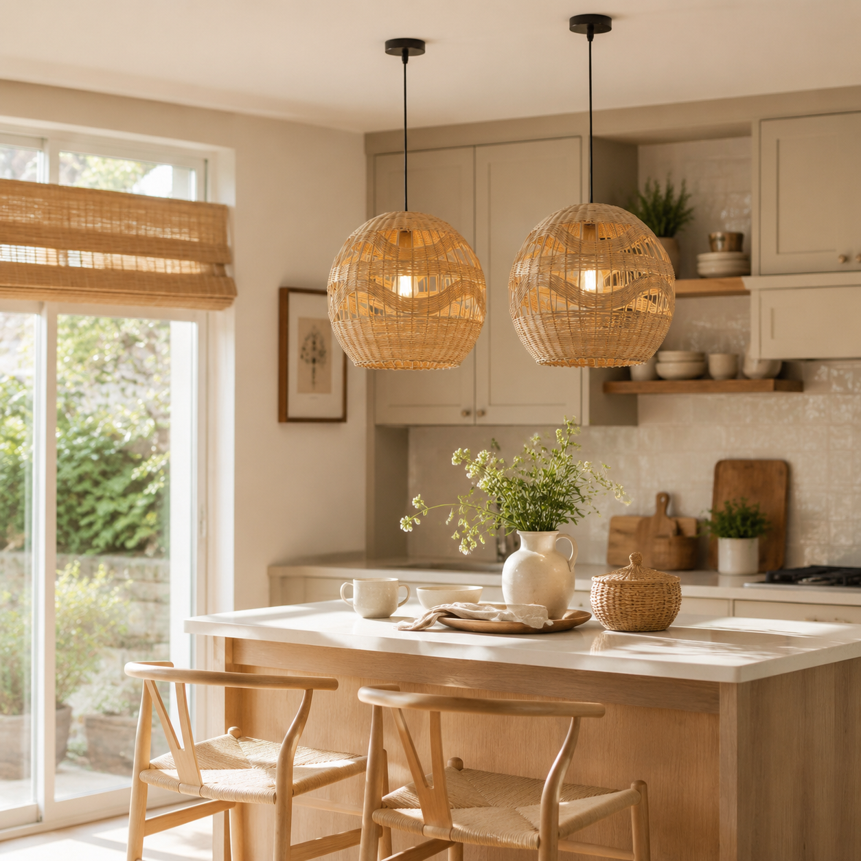 rattan pendant light above a bright dining table