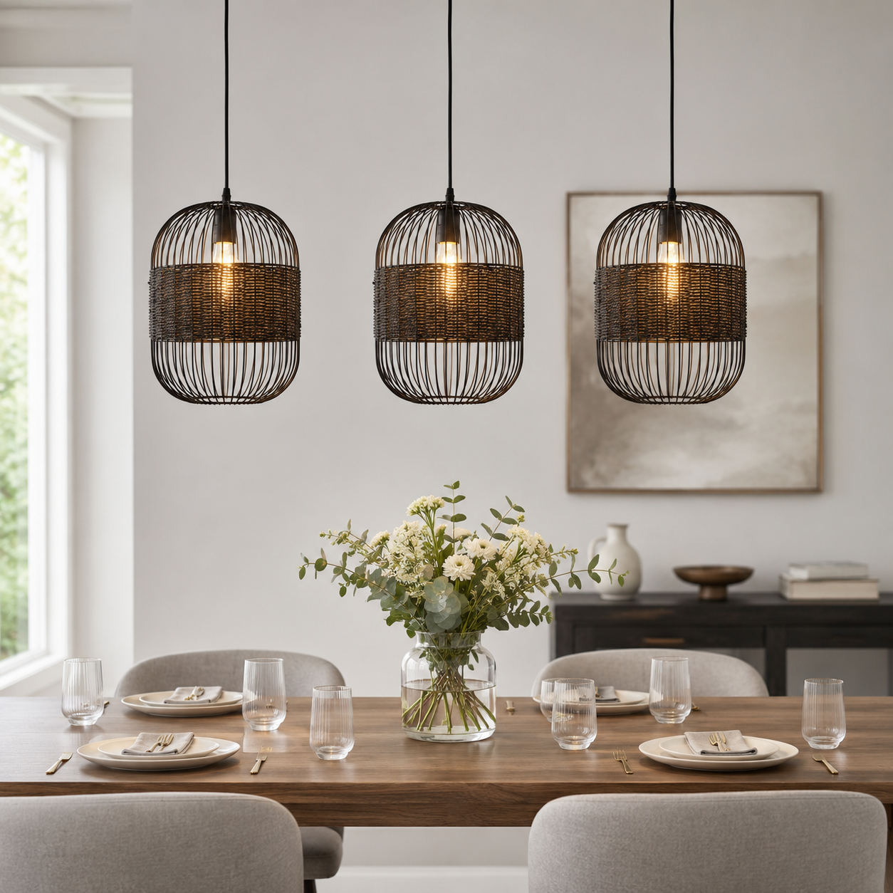 black pendant light over a warm kitchen counter