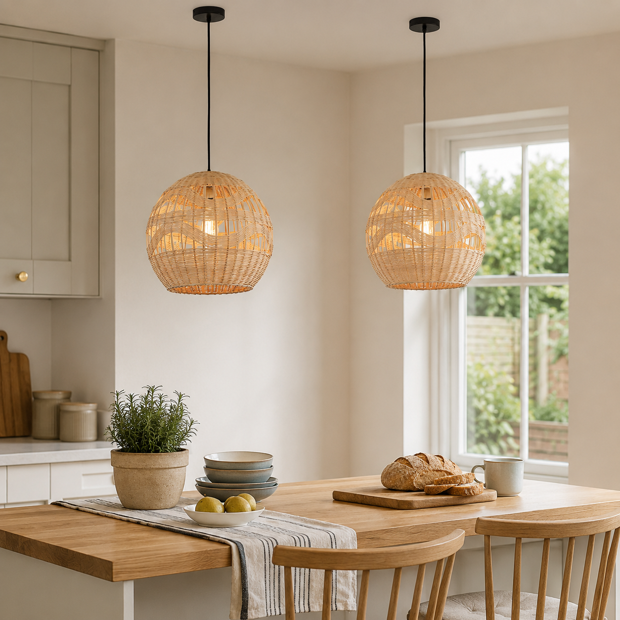rattan pendant light in a sunlit breakfast nook