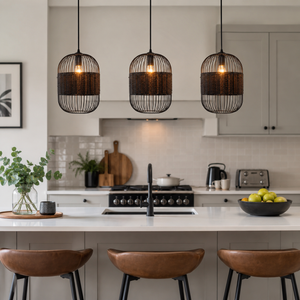 black pendant light in a sunlit breakfast nook
