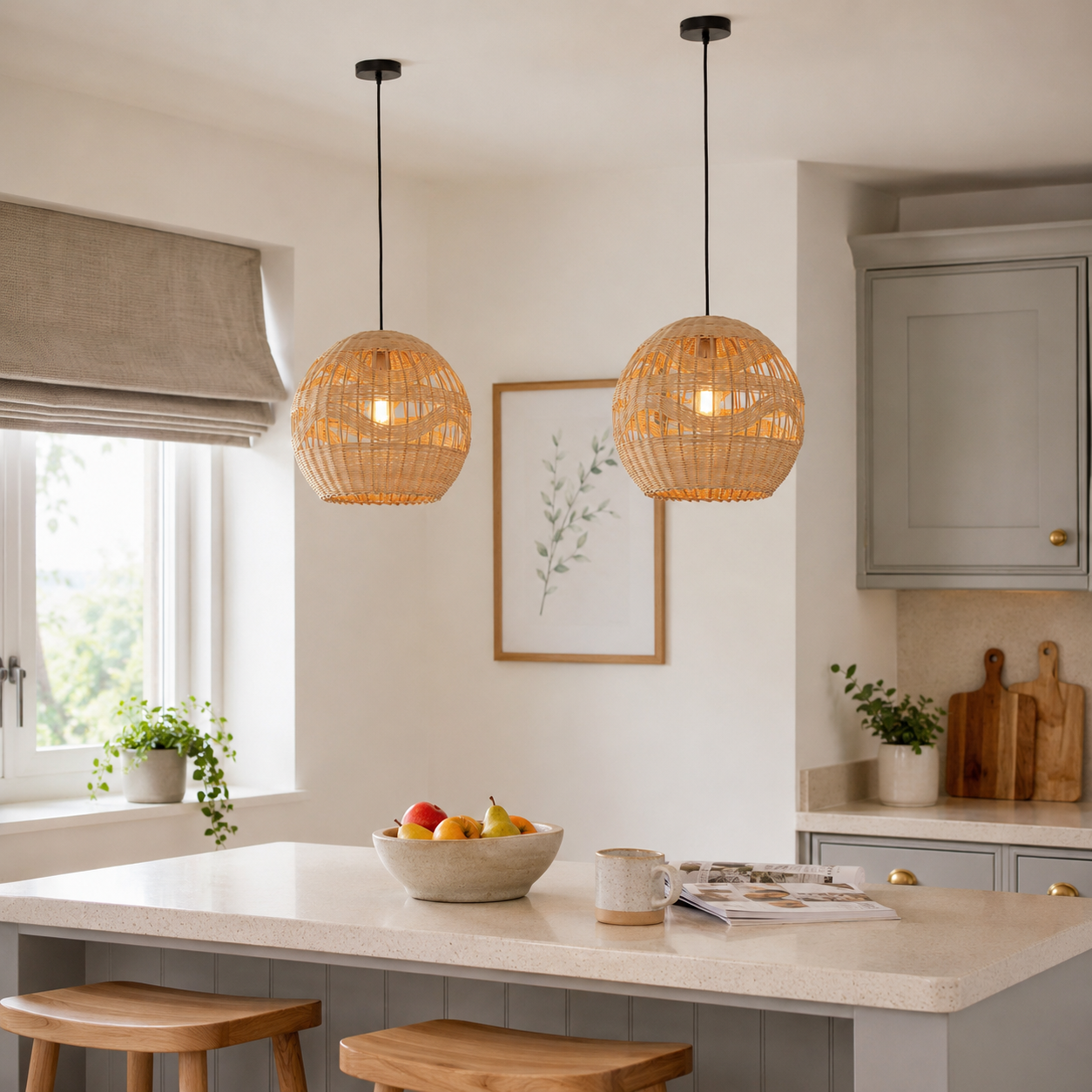 rattan pendant light beside a bright window
