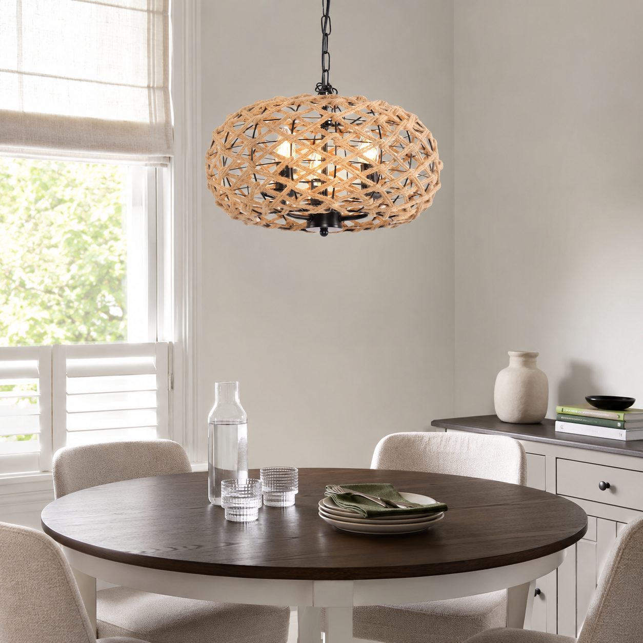 iron globe pendant light over a warm kitchen counter