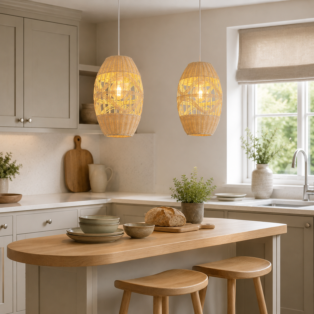 rattan oval pendant light over a warm kitchen counter