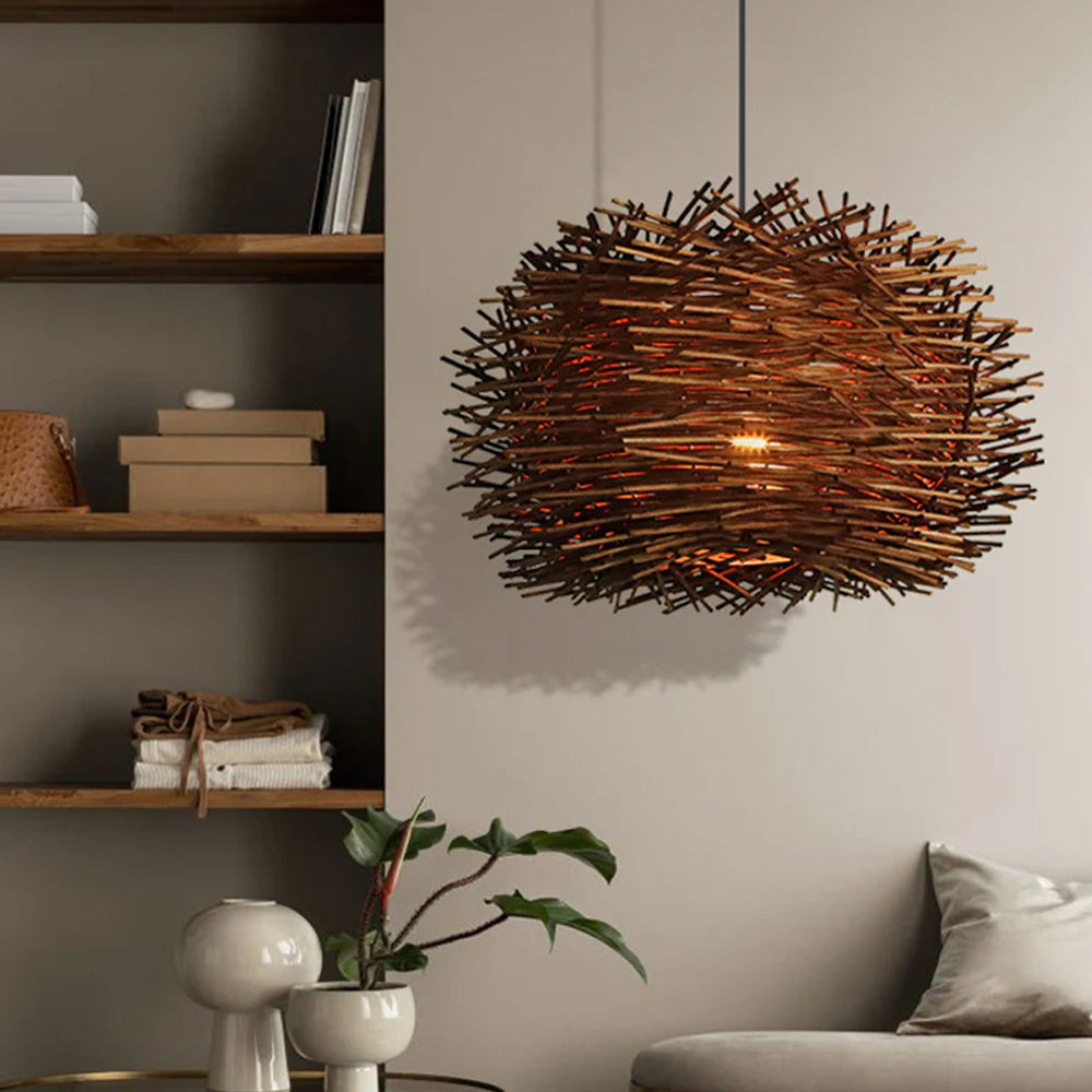 Coffee-Colored Bamboo Art Bird's Nest Spiral Pendant Light