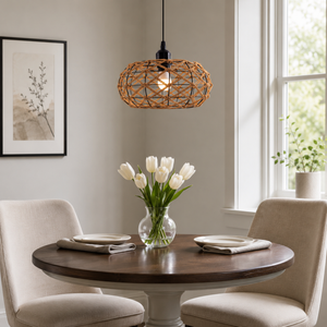 paper rope pendant light above a bright dining table