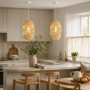 rattan oval pendant light beside a bright window