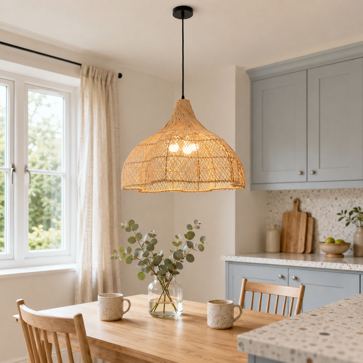 Bamboo rattan pendant light glowing over a round table