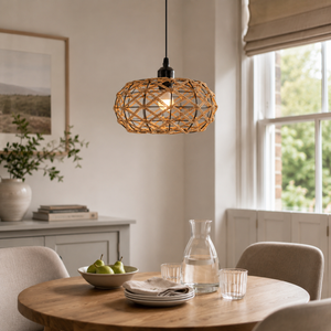 paper rope pendant light over a warm kitchen counter