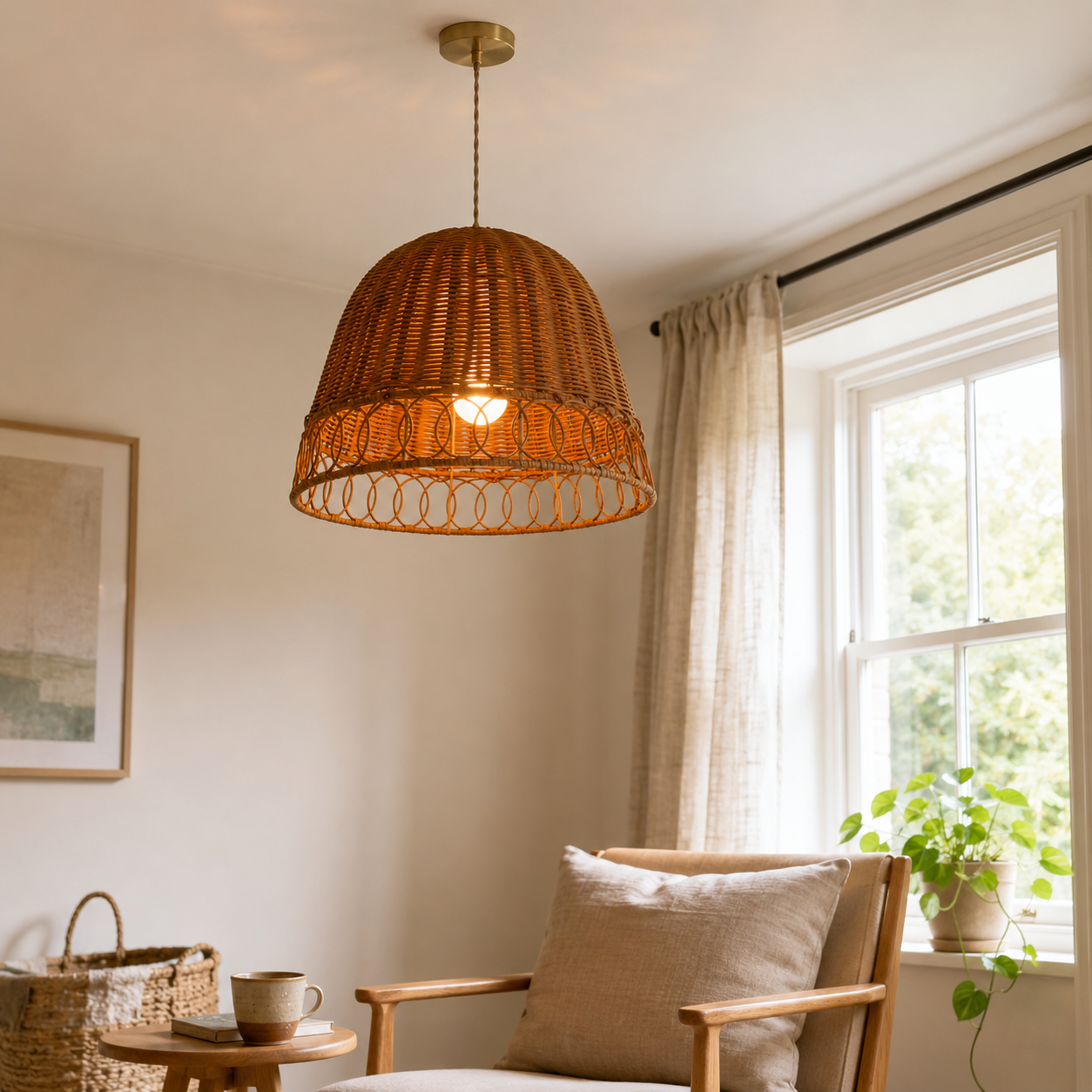 rattan pendant light above a bright dining table
