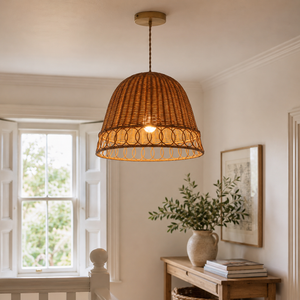 rattan pendant light over a warm kitchen counter