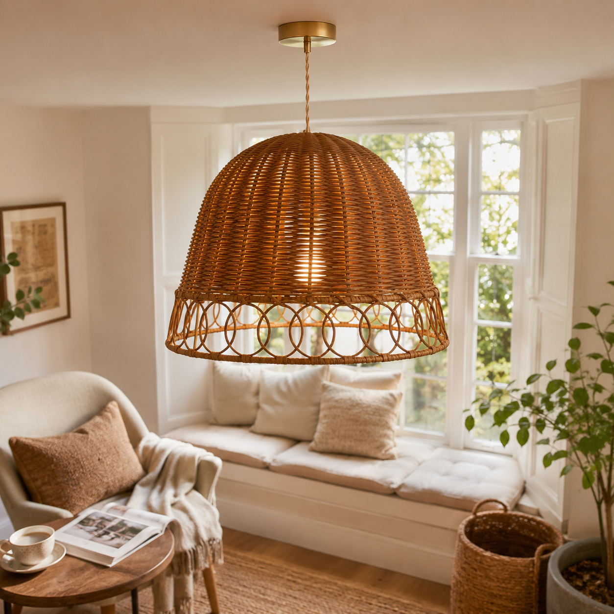 rattan pendant light in a sunlit breakfast nook