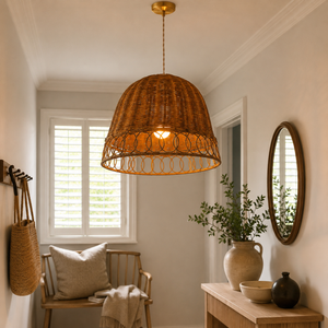 rattan pendant light beside a bright window