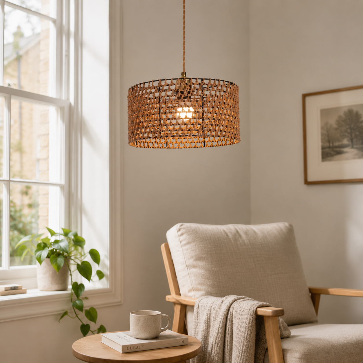 paper rope pendant light above a bright dining table