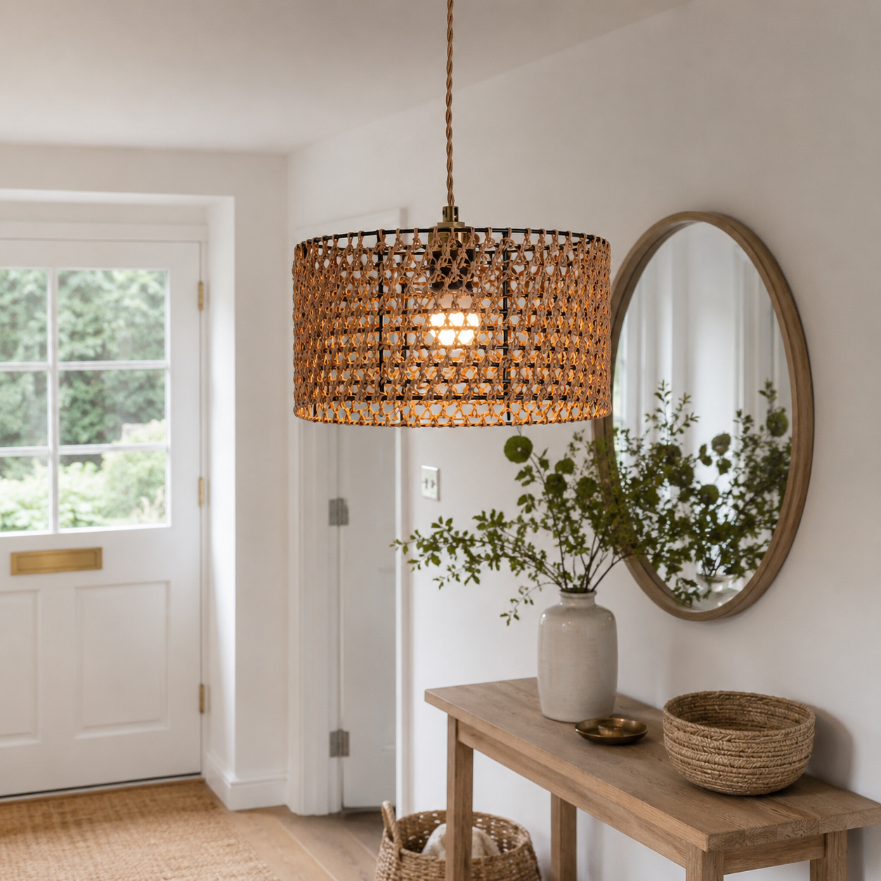 paper rope pendant light over a warm kitchen counter