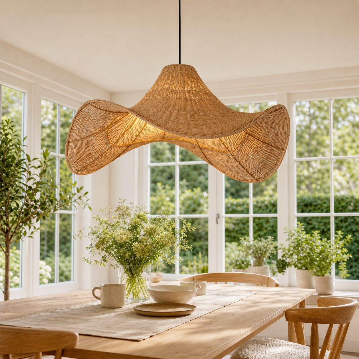 Hat-shaped woven pendant by bright dining room windows