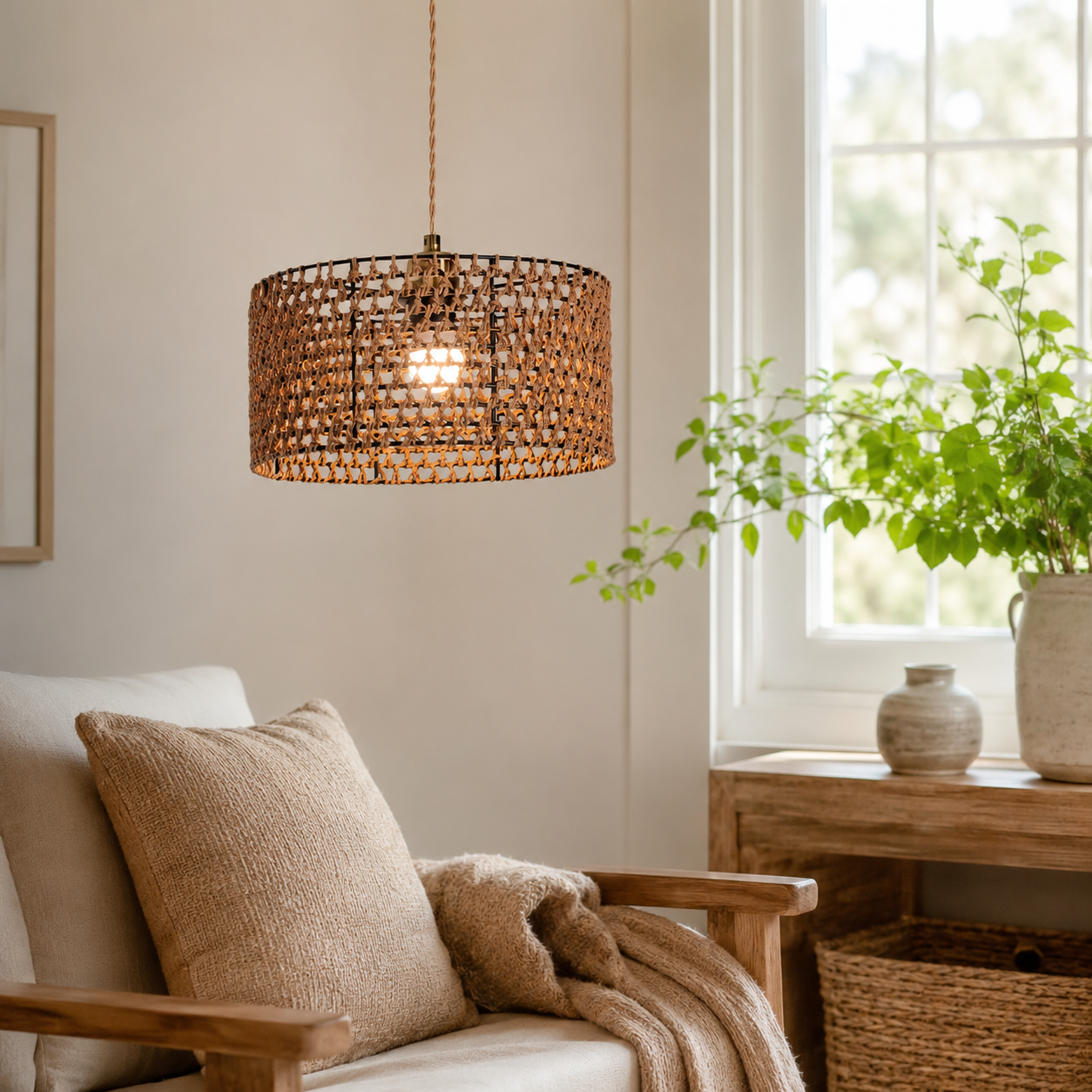 paper rope pendant light in a sunlit breakfast nook
