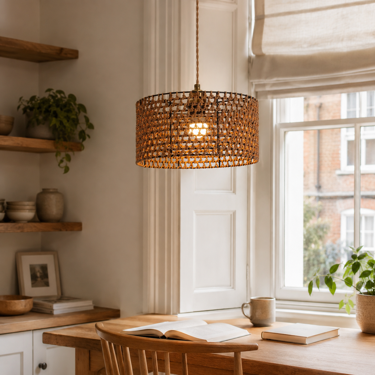 paper rope pendant light beside a bright window