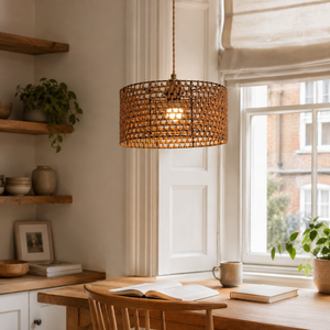 paper rope pendant light beside a bright window