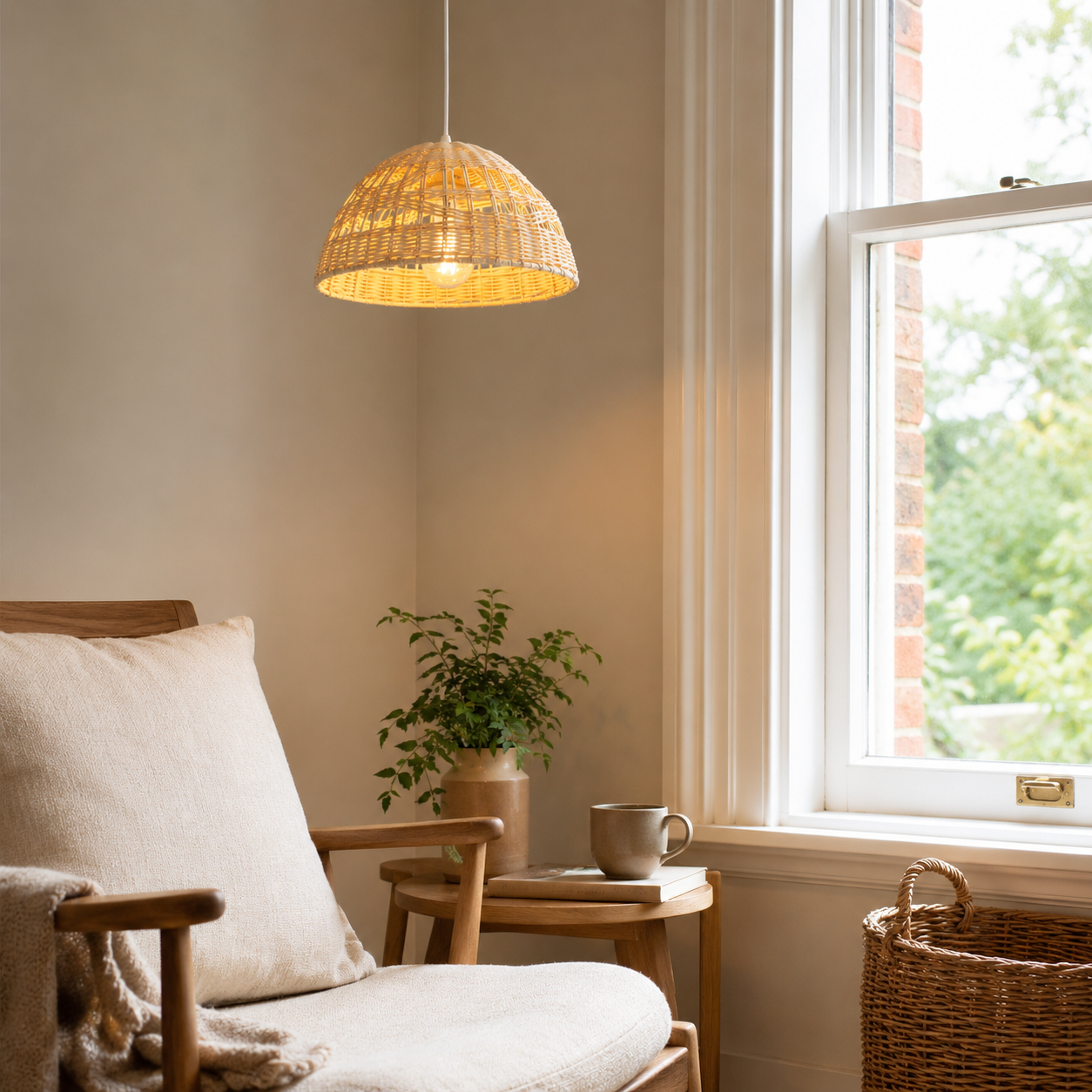 rattan dome wave-detail pendant light above a bright dining table