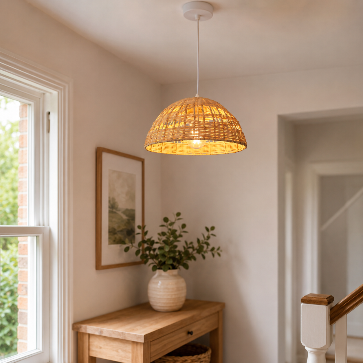 rattan dome wave-detail pendant light over a warm kitchen counter