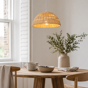 rattan dome wave-detail pendant light in a sunlit breakfast nook