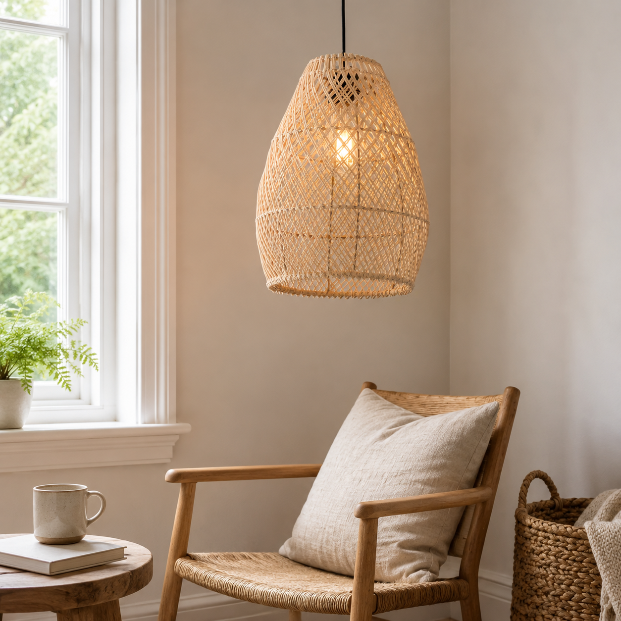 rattan pendant light above a bright dining table