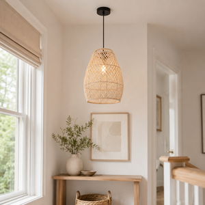 rattan pendant light over a warm kitchen counter