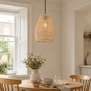 rattan pendant light in a sunlit breakfast nook