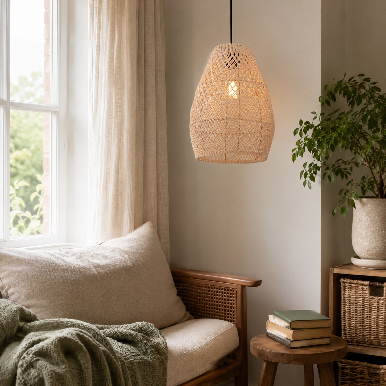 rattan pendant light beside a bright window