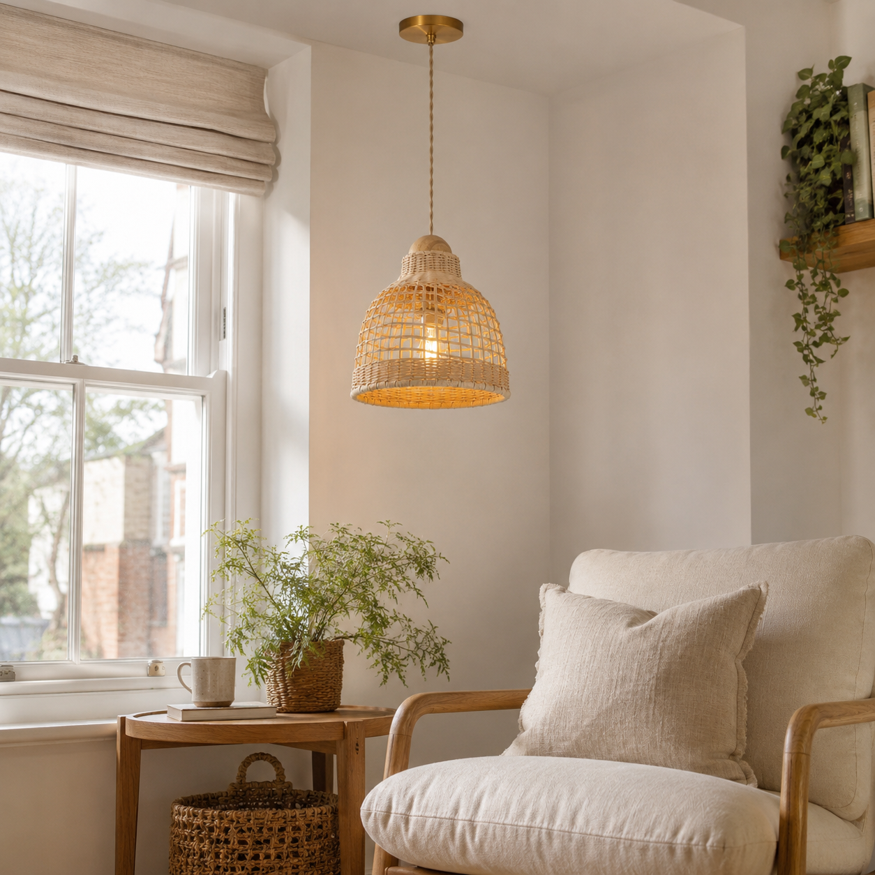 rattan pendant light above a bright dining table