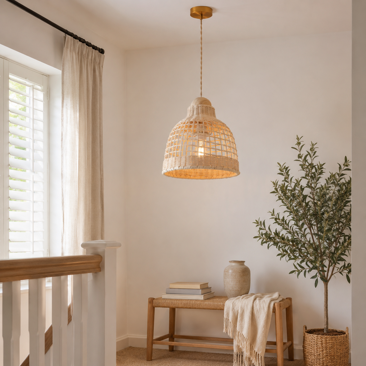 rattan pendant light in a sunlit breakfast nook