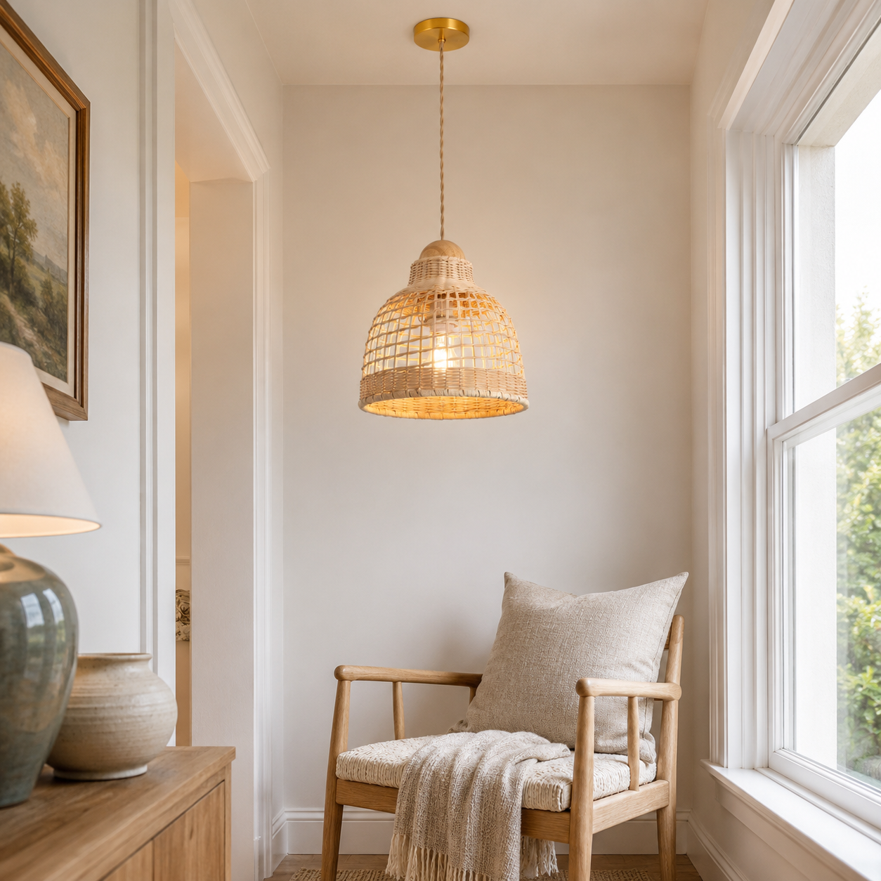 rattan pendant light beside a bright window
