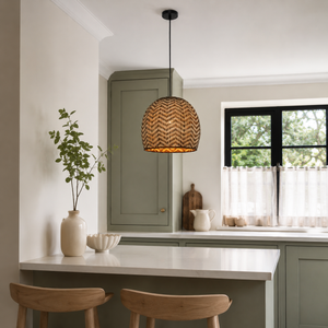 rattan wave-detail pendant light in a sunlit breakfast nook