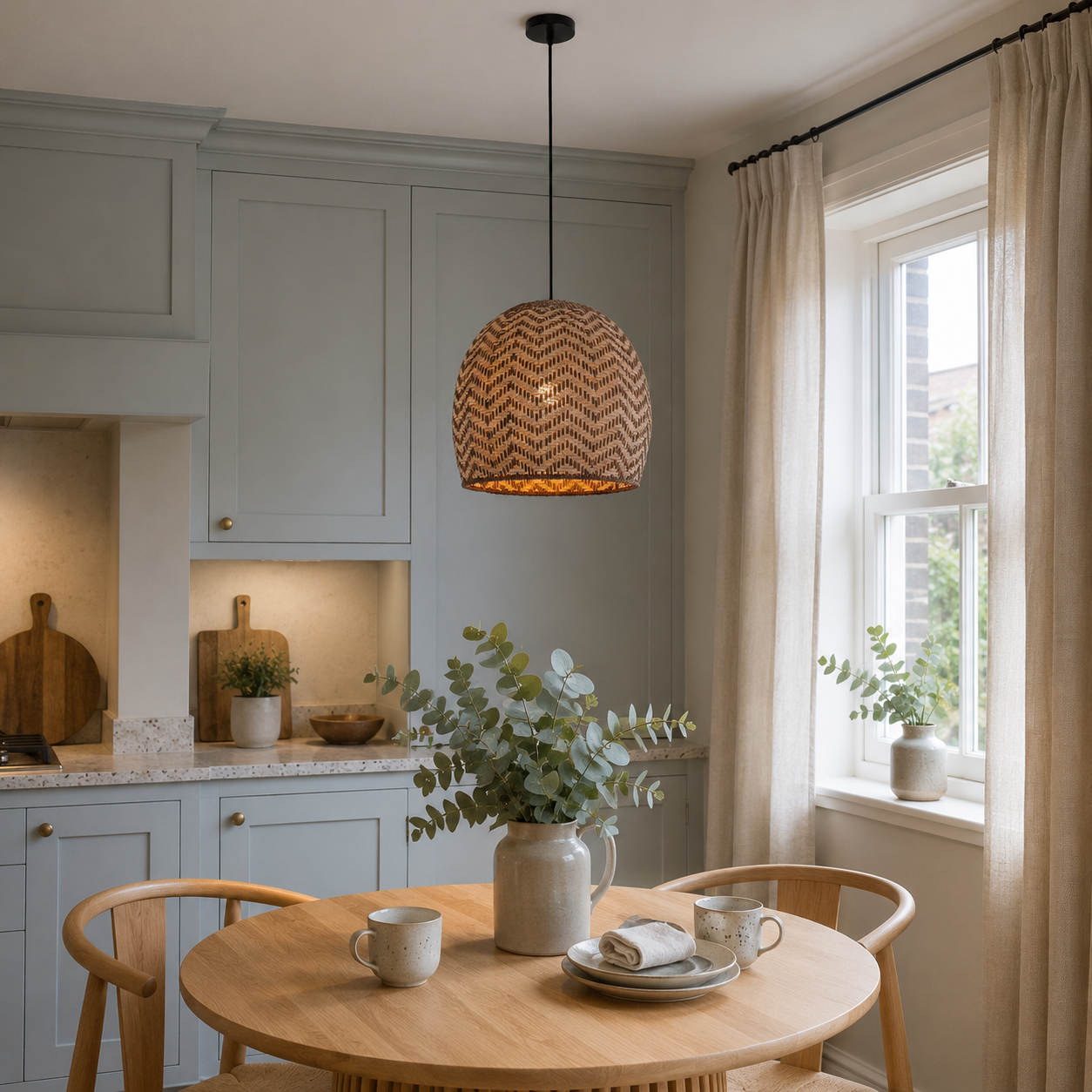 rattan wave-detail pendant light beside a bright window
