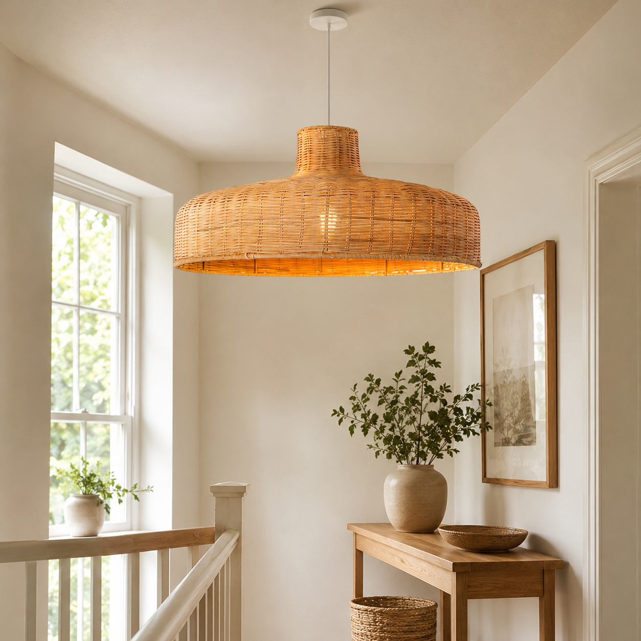 rattan pendant light over a warm kitchen counter