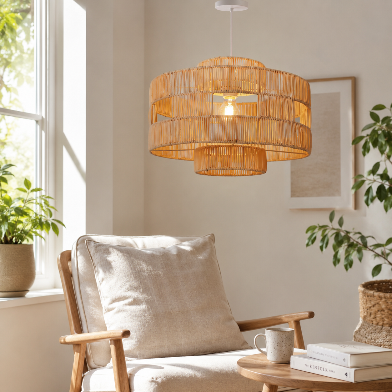 rattan pendant light over a warm kitchen counter