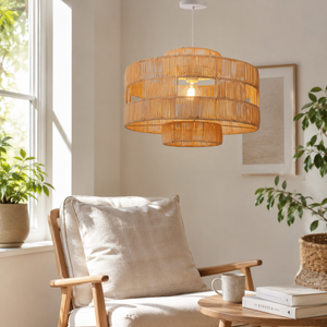 rattan pendant light over a warm kitchen counter