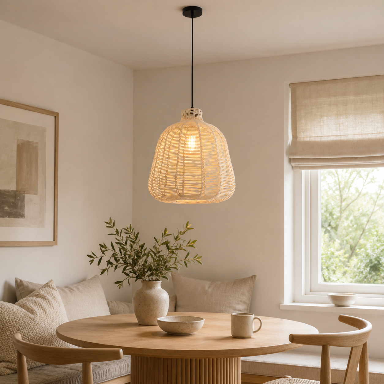 rattan pendant light in a sunlit breakfast nook