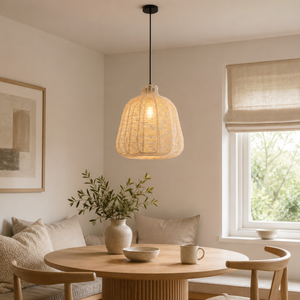 rattan pendant light in a sunlit breakfast nook