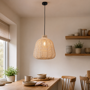 rattan pendant light beside a bright window