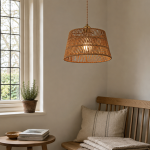 paper rope pendant light over a warm kitchen counter