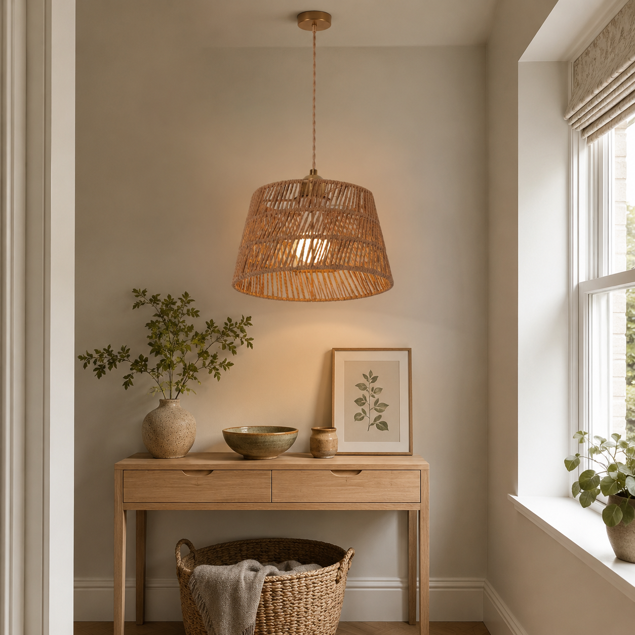 paper rope pendant light beside a bright window