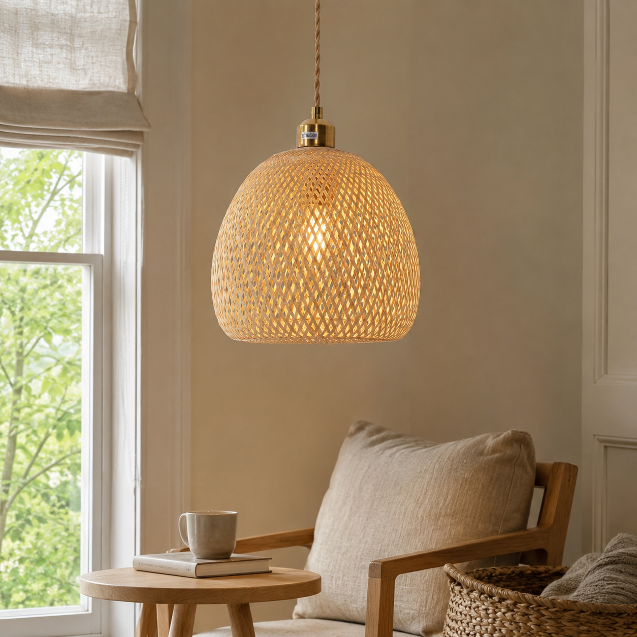 bamboo pendant light above a bright dining table