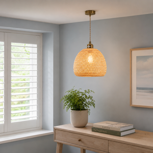 bamboo pendant light in a sunlit breakfast nook