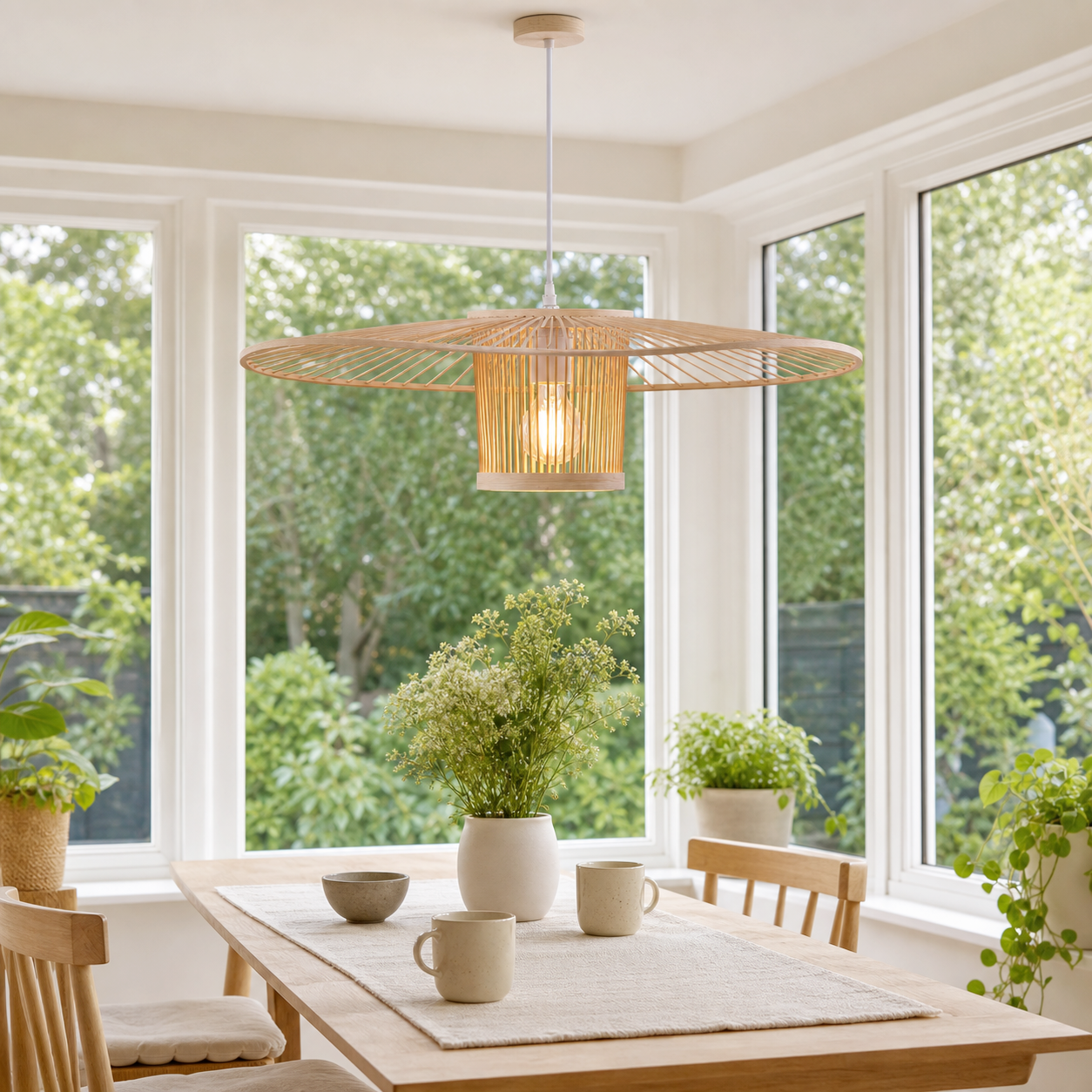 Bamboo fan pendant by bright dining room windows