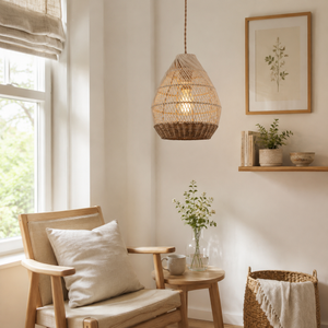 rattan pendant light above a bright dining table