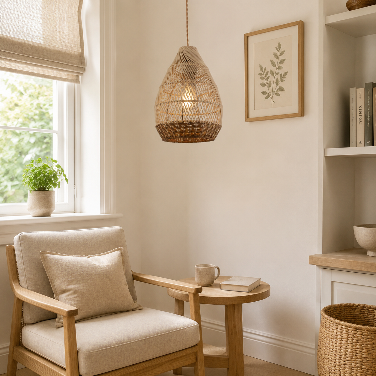 rattan pendant light over a warm kitchen counter
